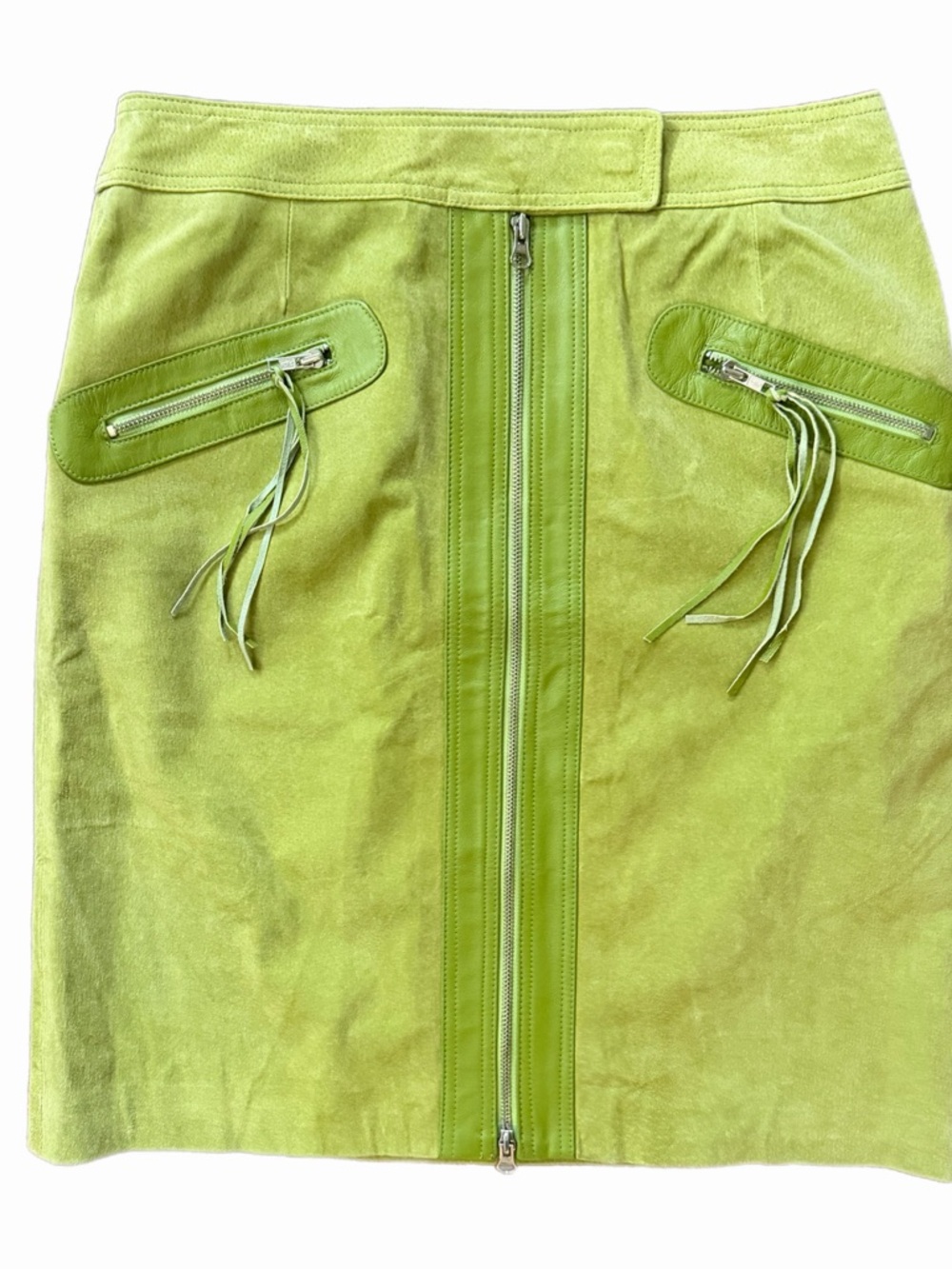 Y2K Vintage Chartreuse Suede Leather Moto Pencil Skirt Lime Green Zip Fringe